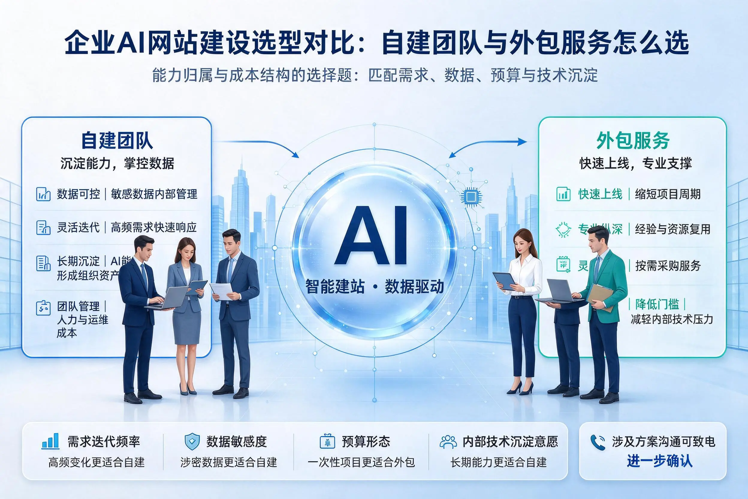 河源企业AI网站建设选型对比：自建团队与外包服务怎么选